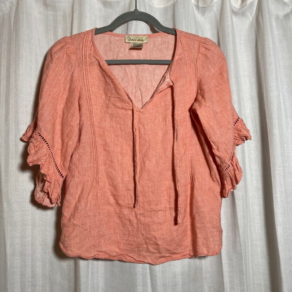 Davina Coral Pink Linen Blend Pintuck Ruffle Sleeve Boho Blouse XS Cottagecore